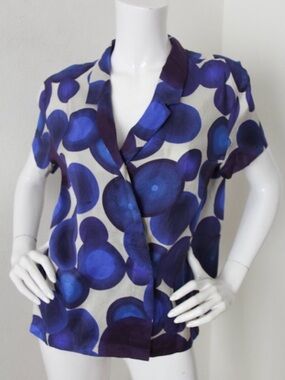 Dries van Noten Raw Silk Circle Print Short Sleeve Wrap Blouse 44